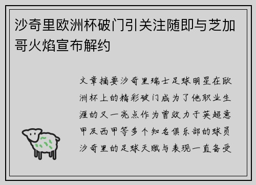 沙奇里欧洲杯破门引关注随即与芝加哥火焰宣布解约